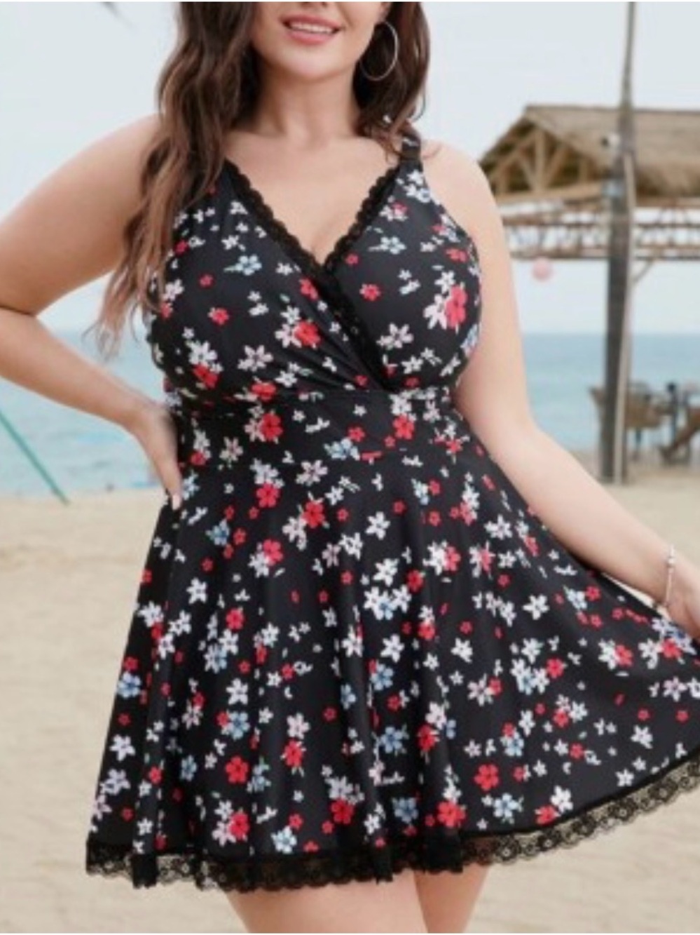BloomChic Ditsy Black Floral V-Neck Swim Dress 22/24 Plus NWT
